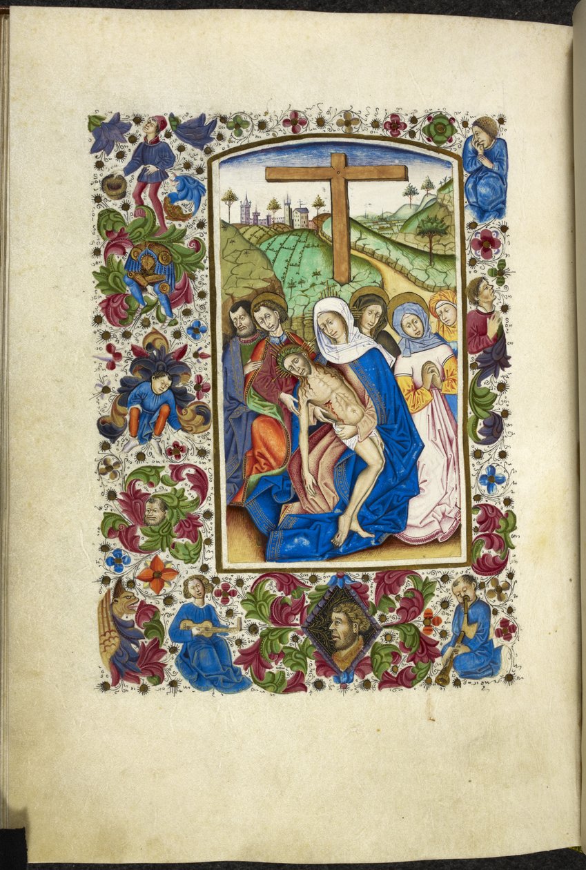 Dodaj MS 50004 f.70v Dziewica Maryja trzymająca ciało Chrystusa, z dwoma uczniami i kobietami obok niej, z „Księgi godzin” (tusz, kolor i złoto na welinie) autorstwa Spanish School
