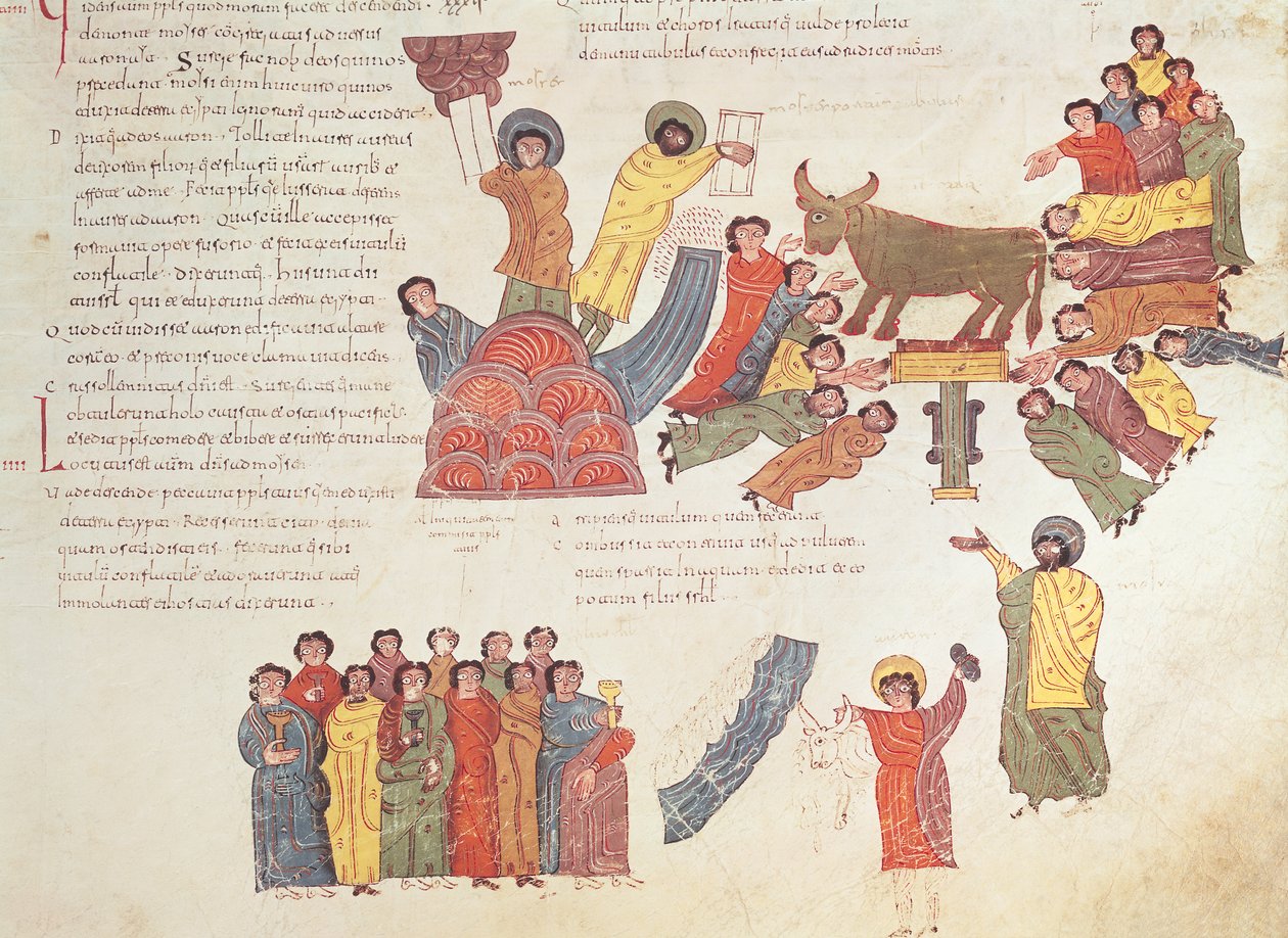Adoracja Złotego Cielca, z Wizygotycko-Mozarabskiej Biblii św. Izydora, fol.46r., AD 960 (tempera na welinie) autorstwa Spanish School
