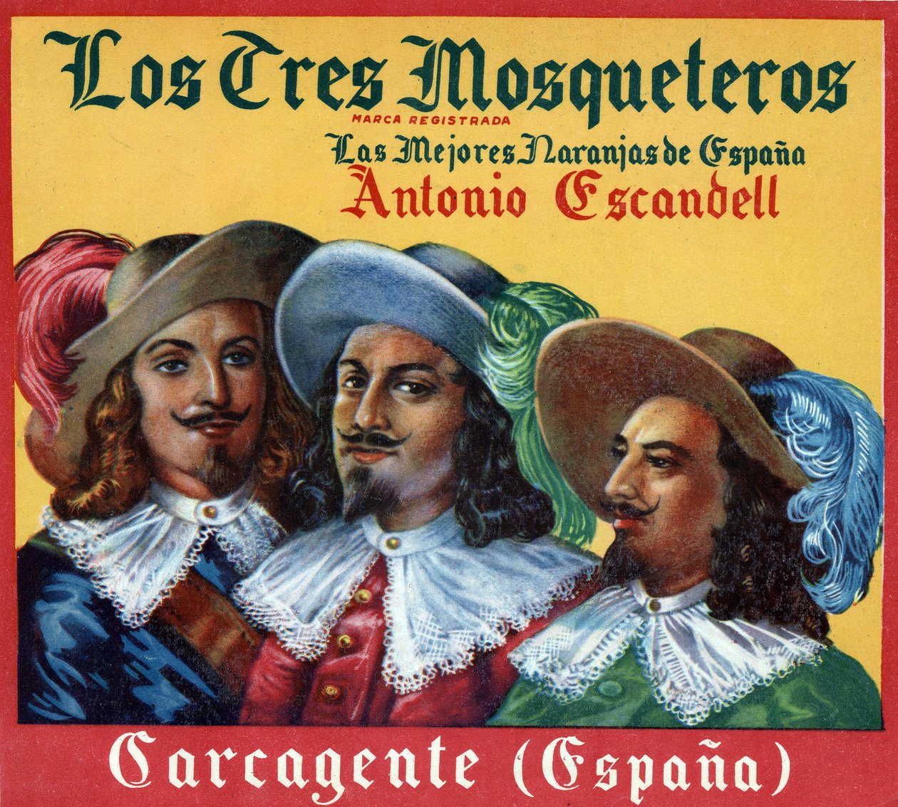 Obraz reklamowy „Trzej muszkieterowie, najlepsze pomarańcze w Hiszpanii”. Plakat reklamowy autorstwa Spanish School