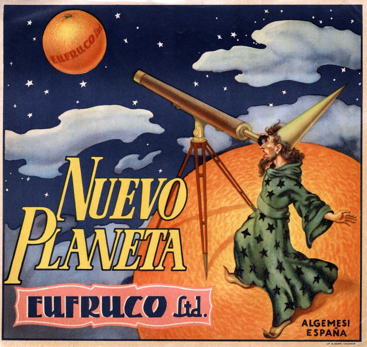 Reklama z iluzjonistą obserwującym „nową planetę Orange””. Plakat reklamowy, Walencja autorstwa Spanish School