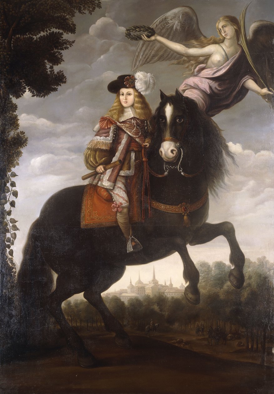 Portret jeździecki króla Karola II, pełnej długości, w czerwonym płaszczu z białym obszyciem, koronowany wawrzynem przez anioła, Madryt w oddali, ok. 1685 autorstwa Spanish School