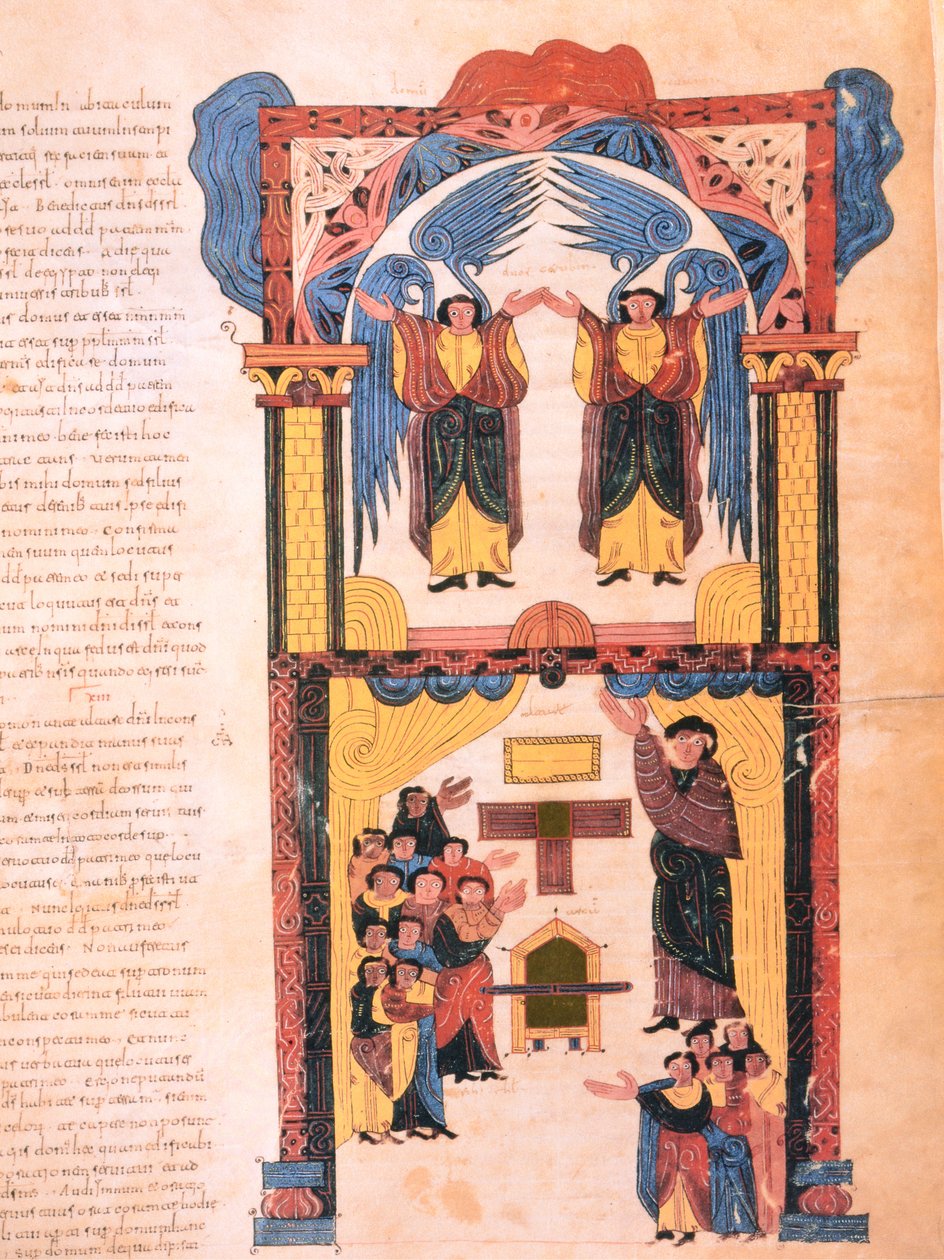 Aniołowie i Dawid z Arką Przymierza stojącą przed Świątynią Salomona, fol.139r., z Wizygotycko-Mozarabskiej Biblii św. Izydora, 960 r.n.e. (tempera na welinie) autorstwa Spanish School