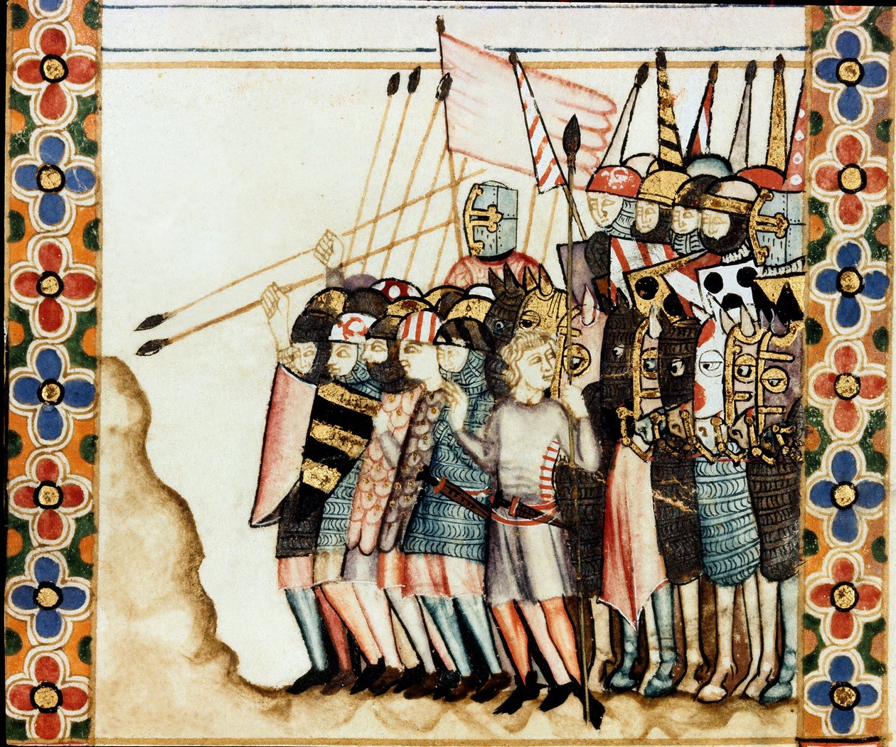 Armee des croises Fragment strony zaczerpniętej z rękopisu Pieśni Najświętszej Marii Panny (Cantigas de Santa Maria), zdobiąca miniatury poświęcone Najświętszej Marii Pannie i jej cudom, zbiór pieśni redyge za panowania Alfonsa X Mądrego (1221- 1284). autorstwa Spanish School