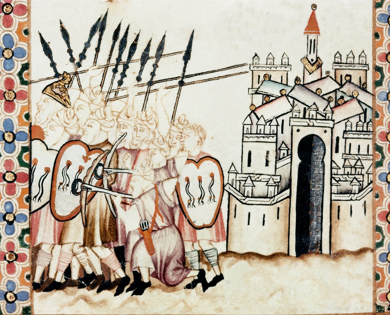 Armee Maurów broniące miasta Fragment strony zaczerpnięty z rękopisu Pieśni Najświętszej Marii Panny (Cantigas de Santa Maria), zdobi miniatury poświęcone Najświętszej Marii Pannie i jej cudom, zbiór pieśni redyge za panowania Alfonsa X w autorstwa Spanish School