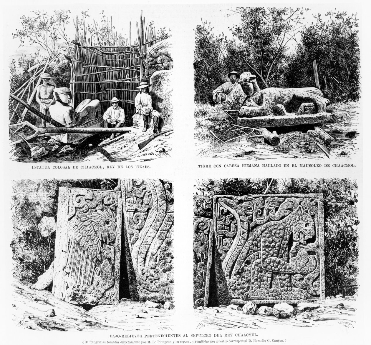 Artefakty odkryte w Chichen Itza przez Augustusa Le Plongeona, ilustracja z La Ilustracion Espanola y Americana 1877 autorstwa Spanish School