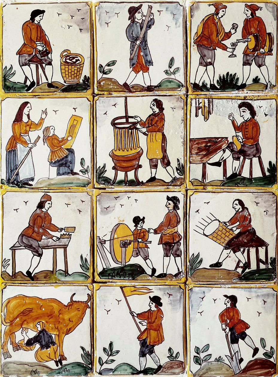 Zawody rzemieślnicze: szewc, bednarz, wytwórca koszy wiklinowych, winiarz, lektor rysunkowy, muzyk, dojarz krów, temperówka, rolnik, ebenista. Katalońskie płytki ceramiczne (Hiszpania) autorstwa Spanish School