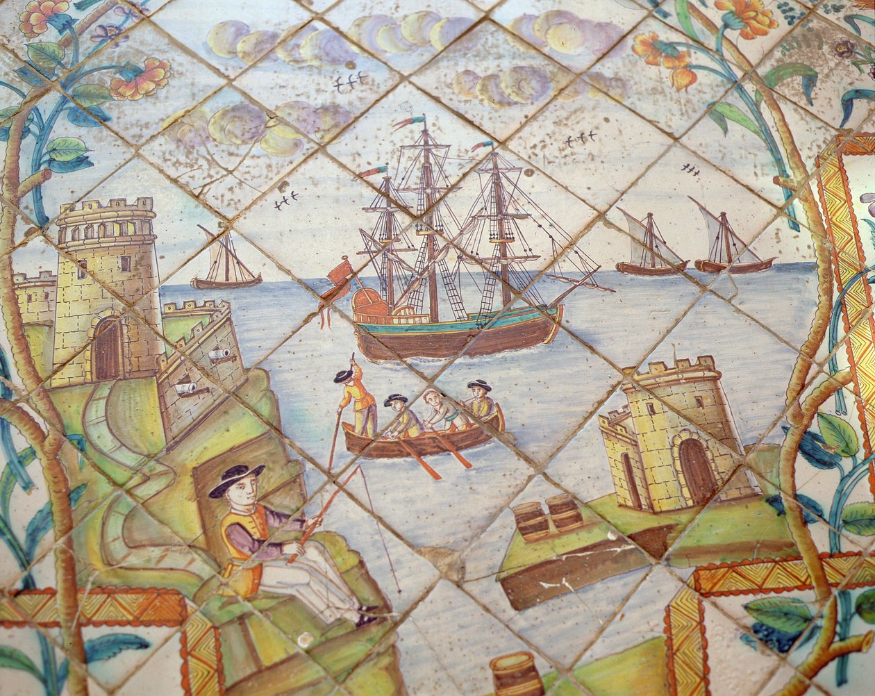 Płytki Azulejos przedstawiające port ze statkami (ceramiczne) autorstwa Spanish School