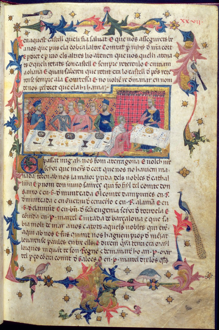Bankiet wydany przez ks. Martella dla Jakuba I (1208-76) w Tarragonie w 1228 r., na którym uzgodniono podbój Balearów, z „Libre dels Feits” (welin) (patrz także 113569) autorstwa Spanish School