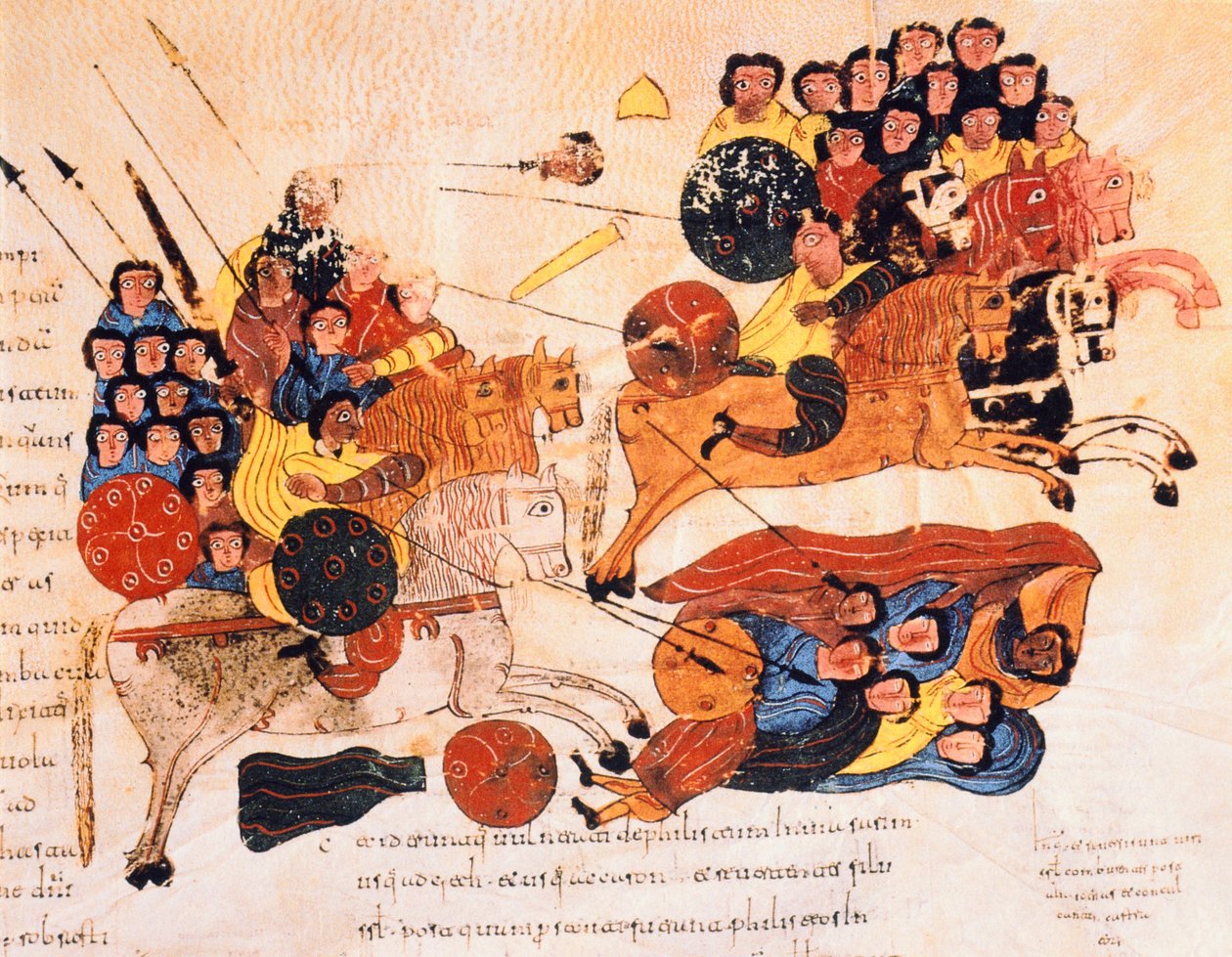 Bitwa między Hebrajczykami a Filistynami, z Wizygotycko-Mozarabskiej Biblii św. Izydora, fol.119r., AD 960 (tempera na welinie) autorstwa Spanish School
