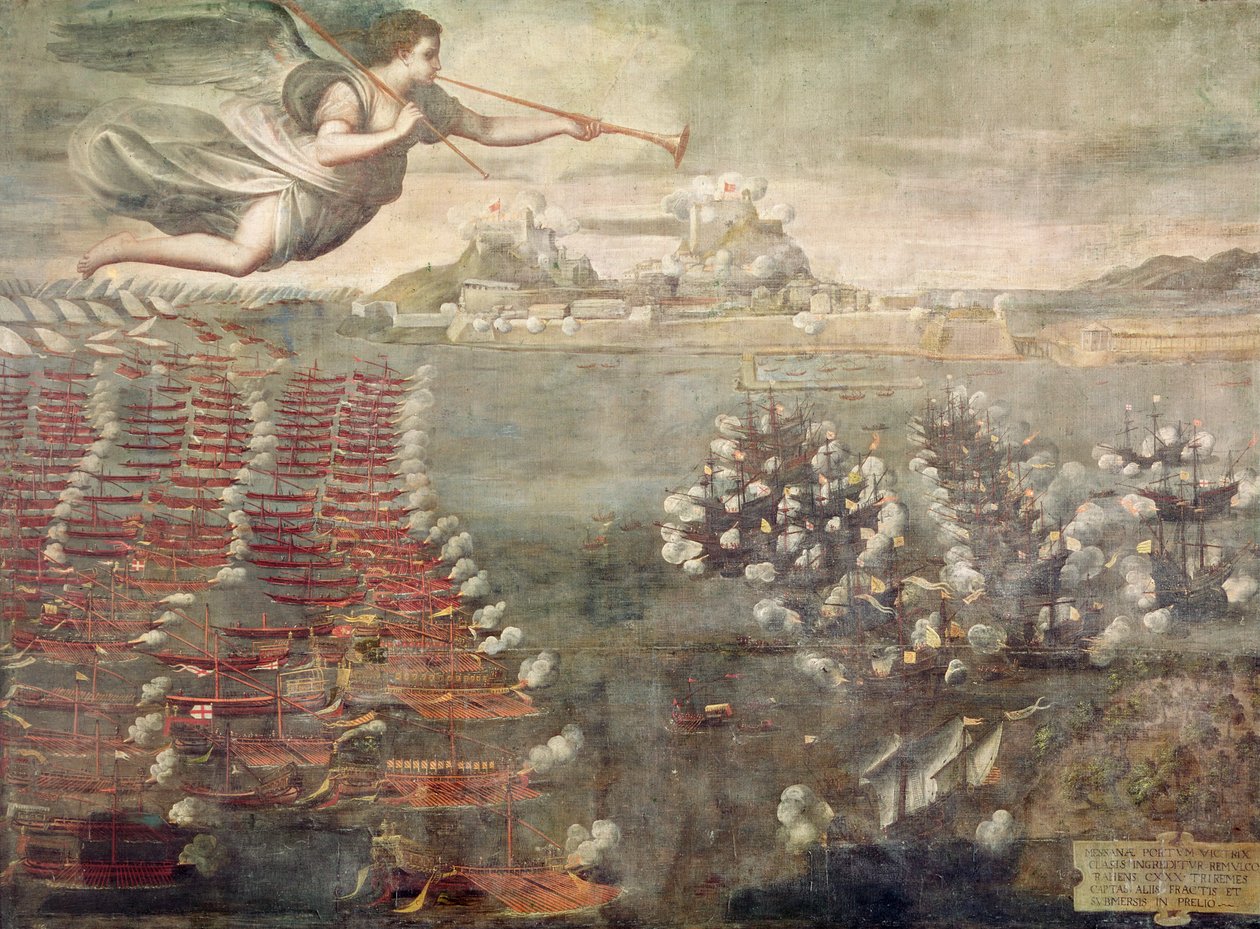 Bitwa pod Lepanto. Zwycięskie statki wpływające do portu w Mesynie (olej na płótnie) autorstwa Spanish School