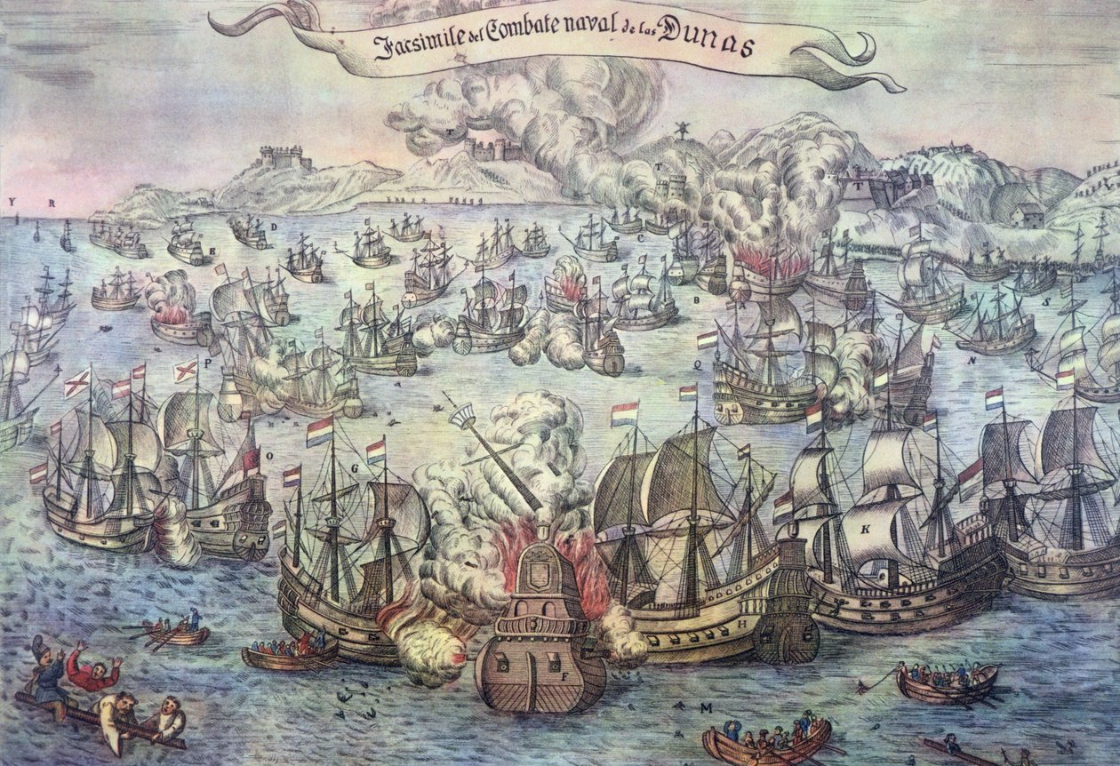 Bitwa pod Downs, 21 października 1639 (kolorowy grawerunek) autorstwa Spanish School