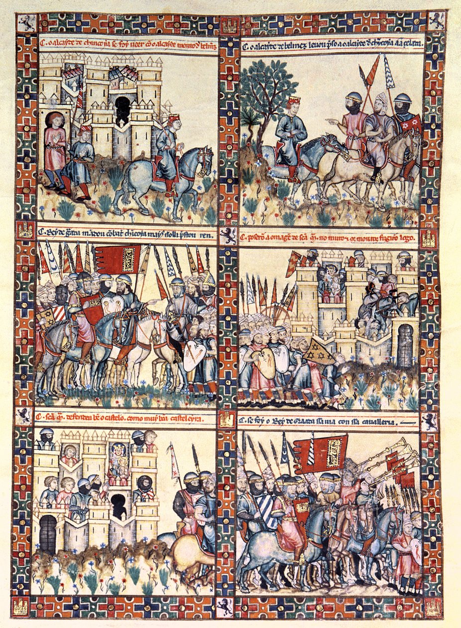 Cantiga 187, jeden z 420 utworów muzycznych opowiadających o cudach Matki, napisany po galicyjsku dla Alfonsa X „Mądrego” (1221-84) (welum) autorstwa Spanish School