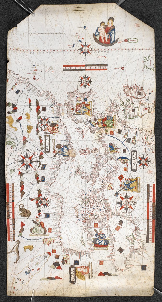 Mapa Morza Śródziemnego i Morza Czarnego oraz części Atlantyku, od Wysp Brytyjskich na północy do Wysp Kanaryjskich na południu; z liniami brzegowymi; oraz z nazwami głównych miast w języku hiszpańskim, Jaume Oliues, Mallorqui en Missi autorstwa Spanish School