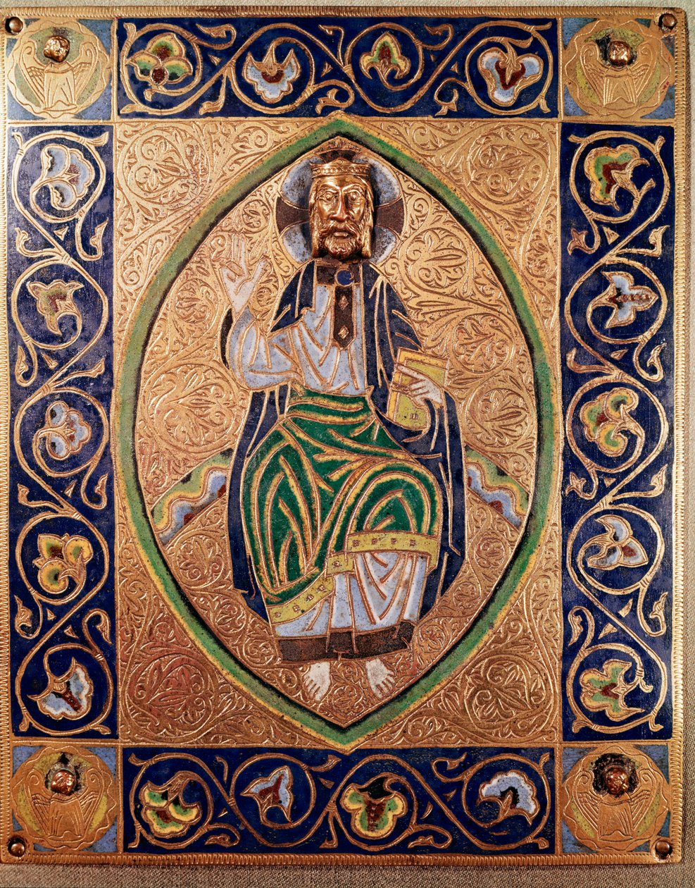 Chrystus Pantokrator „Metalowa blacha złocona i emaux Szkoły Hiszpańskiej” autorstwa Spanish School