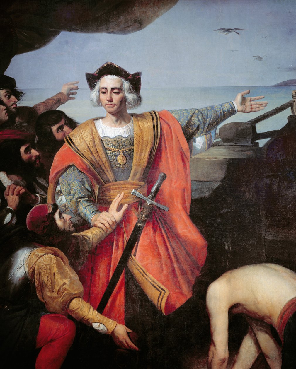 Krzysztof Kolumb na pokładzie swojej karaweli wskazuje wyspę Guanahani (San Salvador) 12 października 1492, detal (olej na płótnie) autorstwa Spanish School