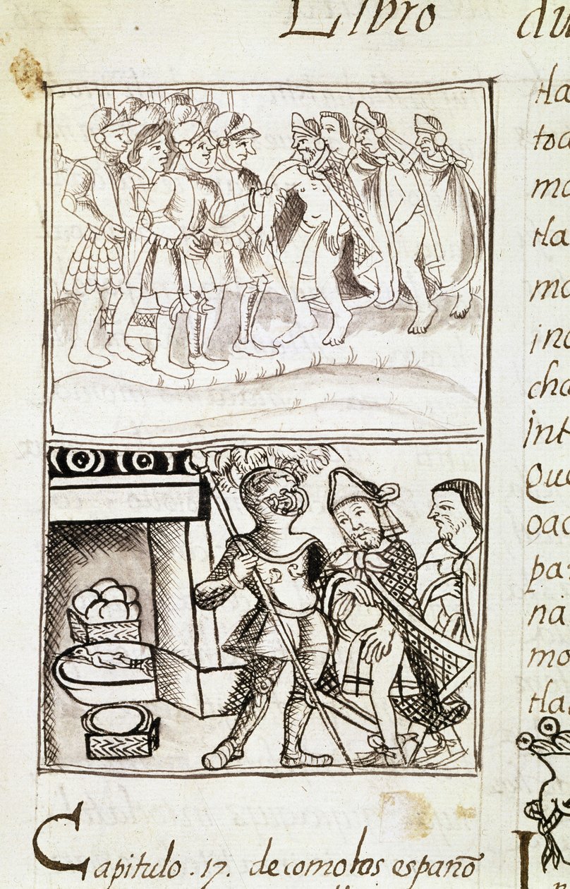 Kodeks podboju Meksyku - miniatura z florenckiego manuskryptu "Storia degli Aztechi" (Historia Azteków) autorstwa Bernardino de Sahaguna autorstwa Spanish School