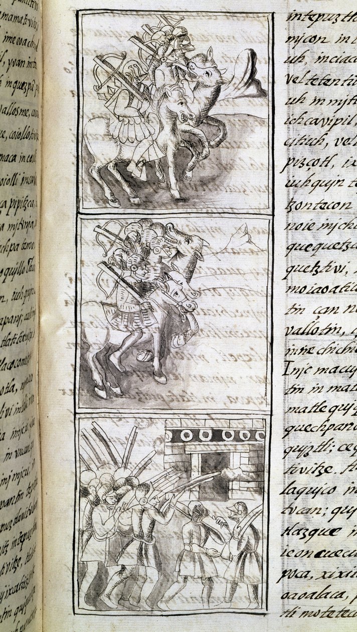 Kodeks podboju Meksyku: Hiszpanie gotowi do ataku na miasto Tenochtitian. Miniatura florenckiego manuskryptu "Storia degli Aztechi" (Historia Azteków) autorstwa Bernardino de Sahaguna autorstwa Spanish School