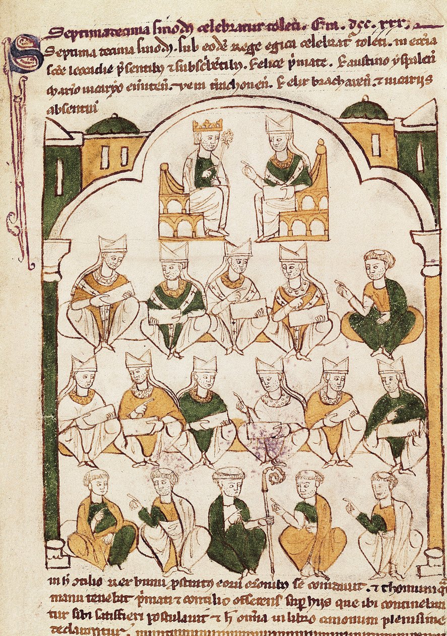Sobór w Toledo, miniatura w „Prymat Kościoła Toledańskiego” autorstwa Spanish School