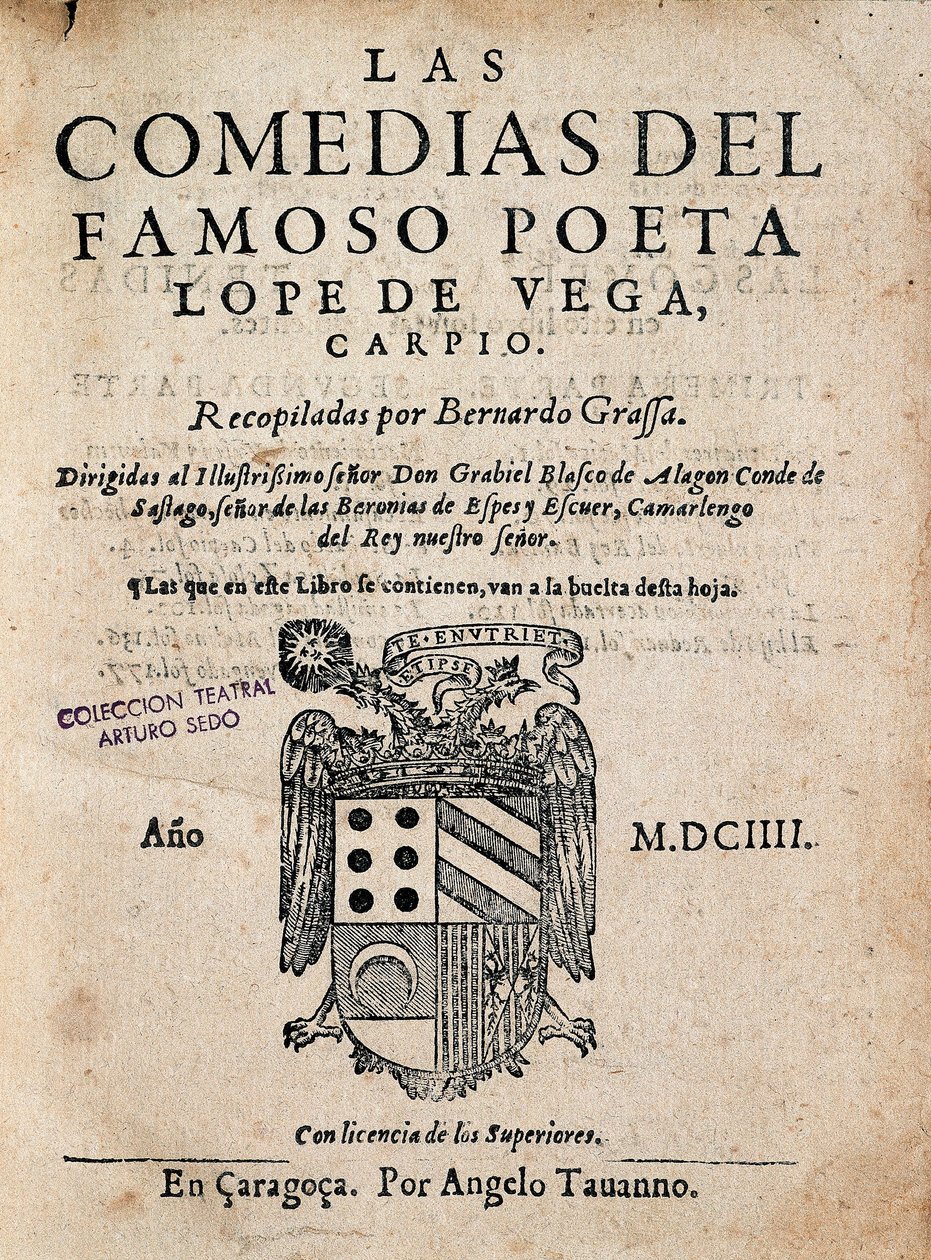 Okładka Komedii słynnego poety Lope de Vega Felixa Lope de Vega Carpio (1562-1635), wydanie 1604 (monografia drukowana) autorstwa Spanish School