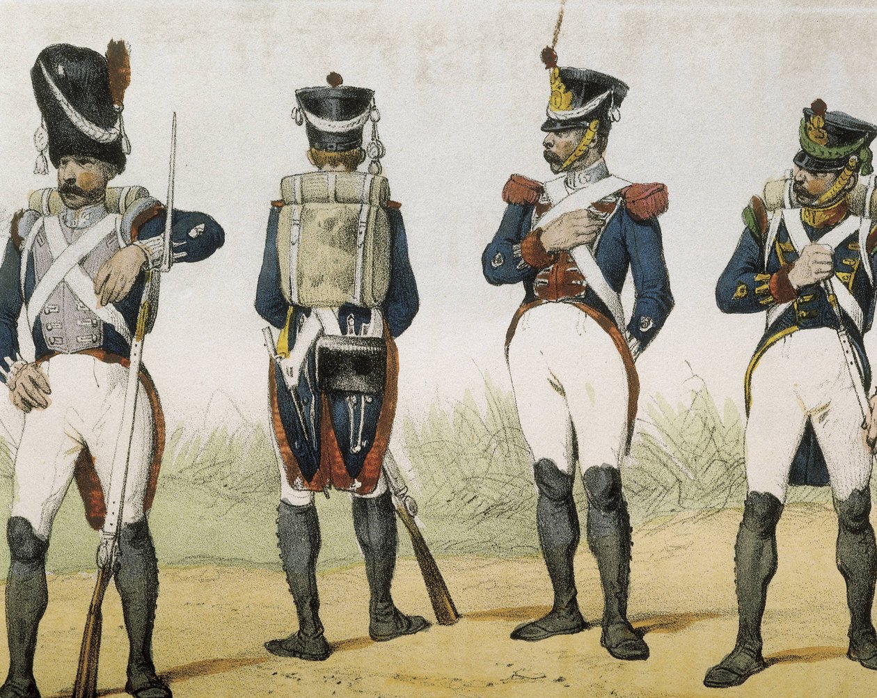 DE SOTTO, Serafin Maria, hrabia Clonard (1793 - 1862). Historia organica de las armas de Infanteria y Caballeria espanolas. 1851 - 1859. Piechota za panowania Ferdynanda VII Hiszpańskiego. Grenadier, strzelec, sierżant i kirasjer (1815-1820). Rycina autorstwa Spanish School
