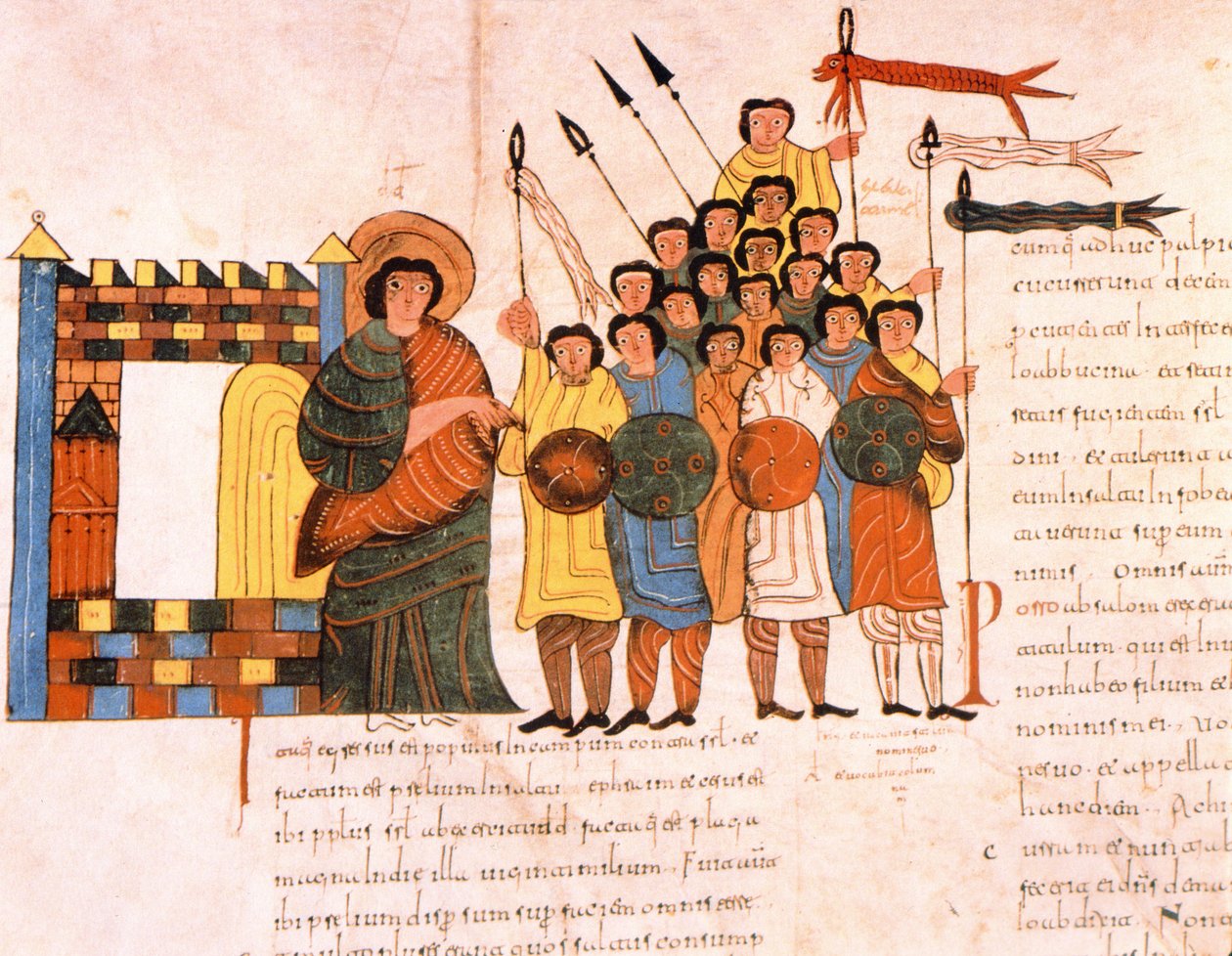 Wyjazd armii króla Dawida na wojnę, z Wizygotycko-Mozarabskiej Biblii św. Izydora, fol.131v., AD 960 (tempera na welinie) autorstwa Spanish School