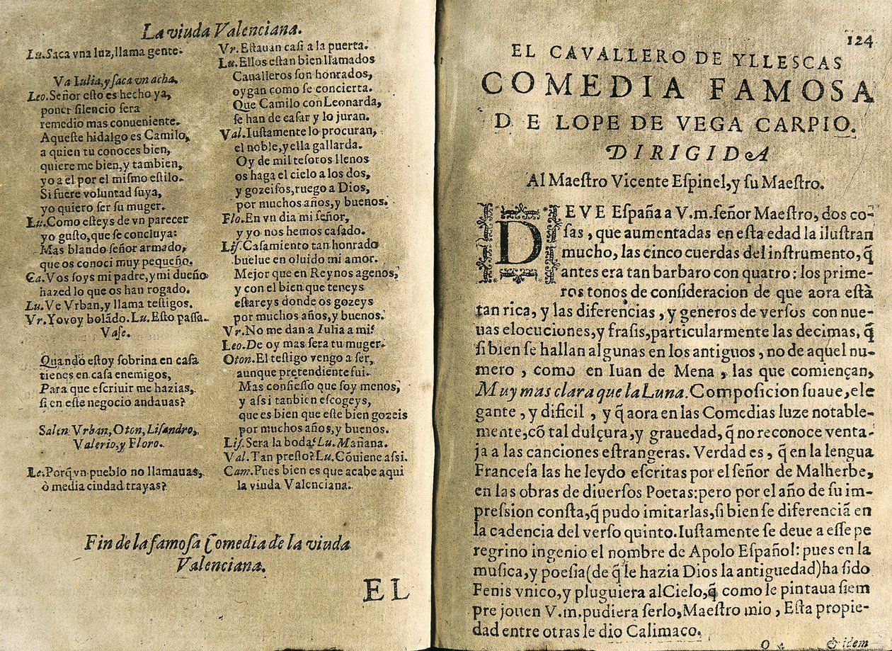 ESPINEL, Vicente (1550-1624). Hiszpański muzyk i poeta klasyczny; VEGA CARPIO, Felix Lope de (1562-1635). "El cavallero de Yllescas", komedia zawarta w "Parte catorze de las comedias de Lope de Vega", kompilacji opublikowanej w Madrycie przez wdowę po Fern autorstwa Spanish School