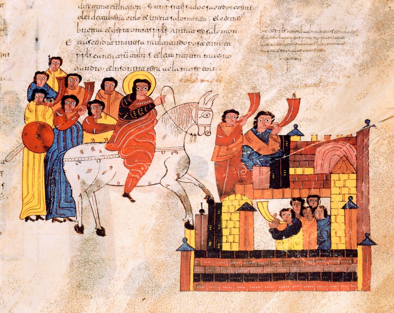 Wjazd króla Dawida do Jerozolimy przy dźwiękach trąb, z Wizygotycko-Mozarabskiej Biblii św. Izydora, fol.135r., AD 960 autorstwa Spanish School
