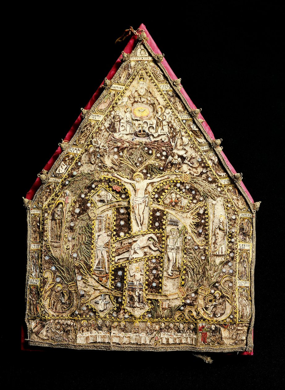 Mitra Eveque w złotym dekorze z mozaiki z piór wykonanych przez hiszpańskich misjonarzy w Meksyku. XVI-wieczna Florencja, Museo degli Argenti autorstwa Spanish School