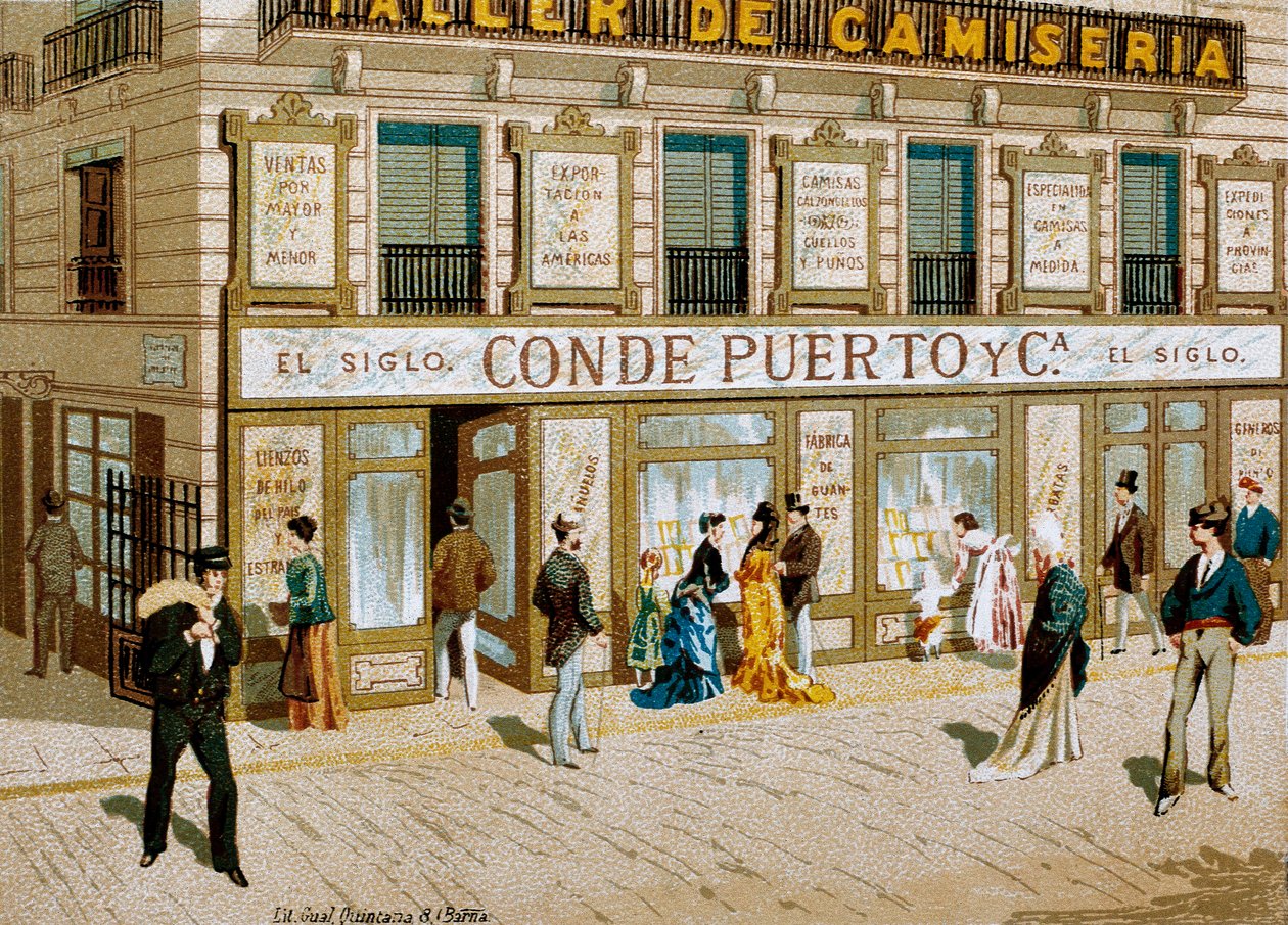 Moda: plakat reklamowy butiku sklepu tekstylnego „Conde Puerto” Barcelona. 19 wiek autorstwa Spanish School