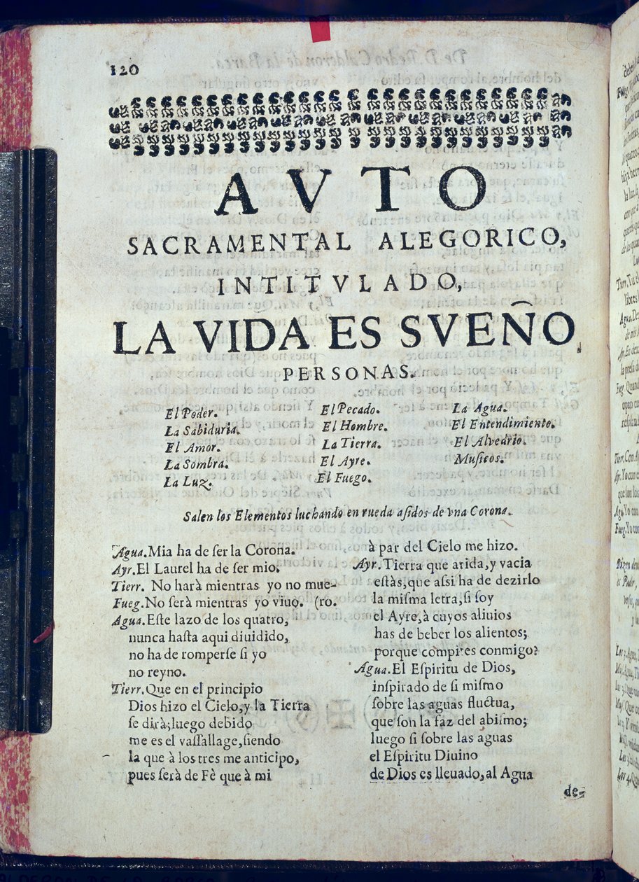 Pierwsza strona La Vida es Sueno z Los Autos Sacramentales autorstwa Pedro Calderon de la Barca (1600-81) pod redakcją Juana Garcii Infanzona, 1690 (papier drukowany) autorstwa Spanish School