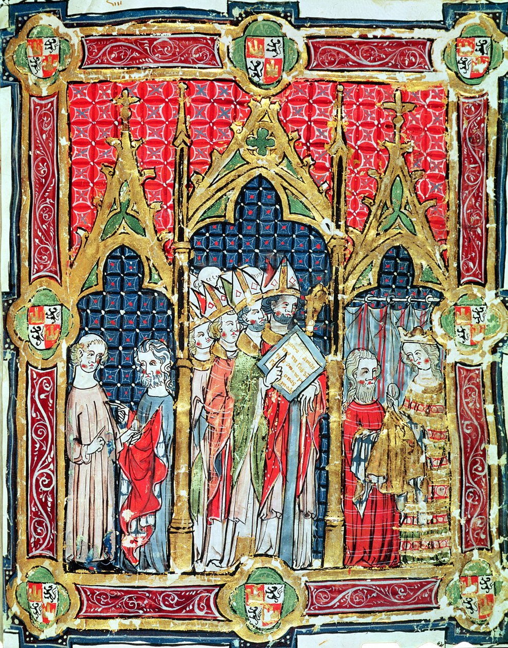 Fol.13r Koronacja królów Aragonii i Kastylii: Alfons VII (1105-57) ofiarowanie złotego chleba w obecności arcybiskupa Toledo, z Libro de los Testamentos autorstwa Spanish School