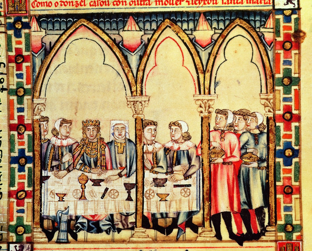 Fol.16v Bankiet zaręczynowy, z rękopisu wykonanego pod kierunkiem Alfonsa X Mądrego Króla Kastylii i Leona autorstwa Spanish School