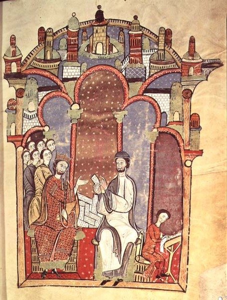Fol.1r Scena dworska z skrybami, z Liber feudorum maior autorstwa Spanish School
