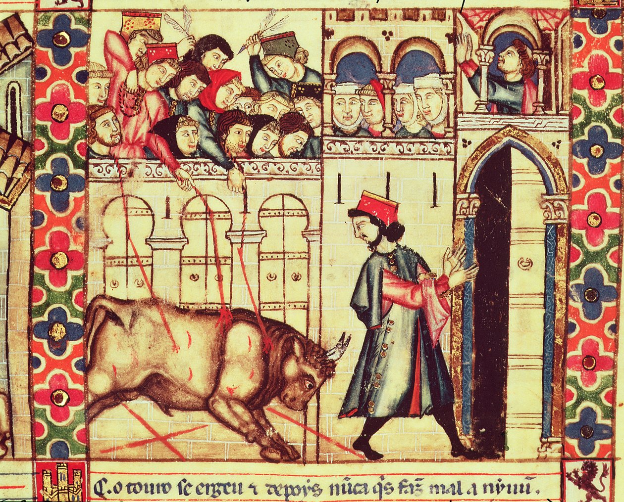 Fol.200r Śmierć byka w ringu, z rękopisu wykonanego pod kierunkiem Alfonsa X Mądrego Króla Kastylii i Leona autorstwa Spanish School