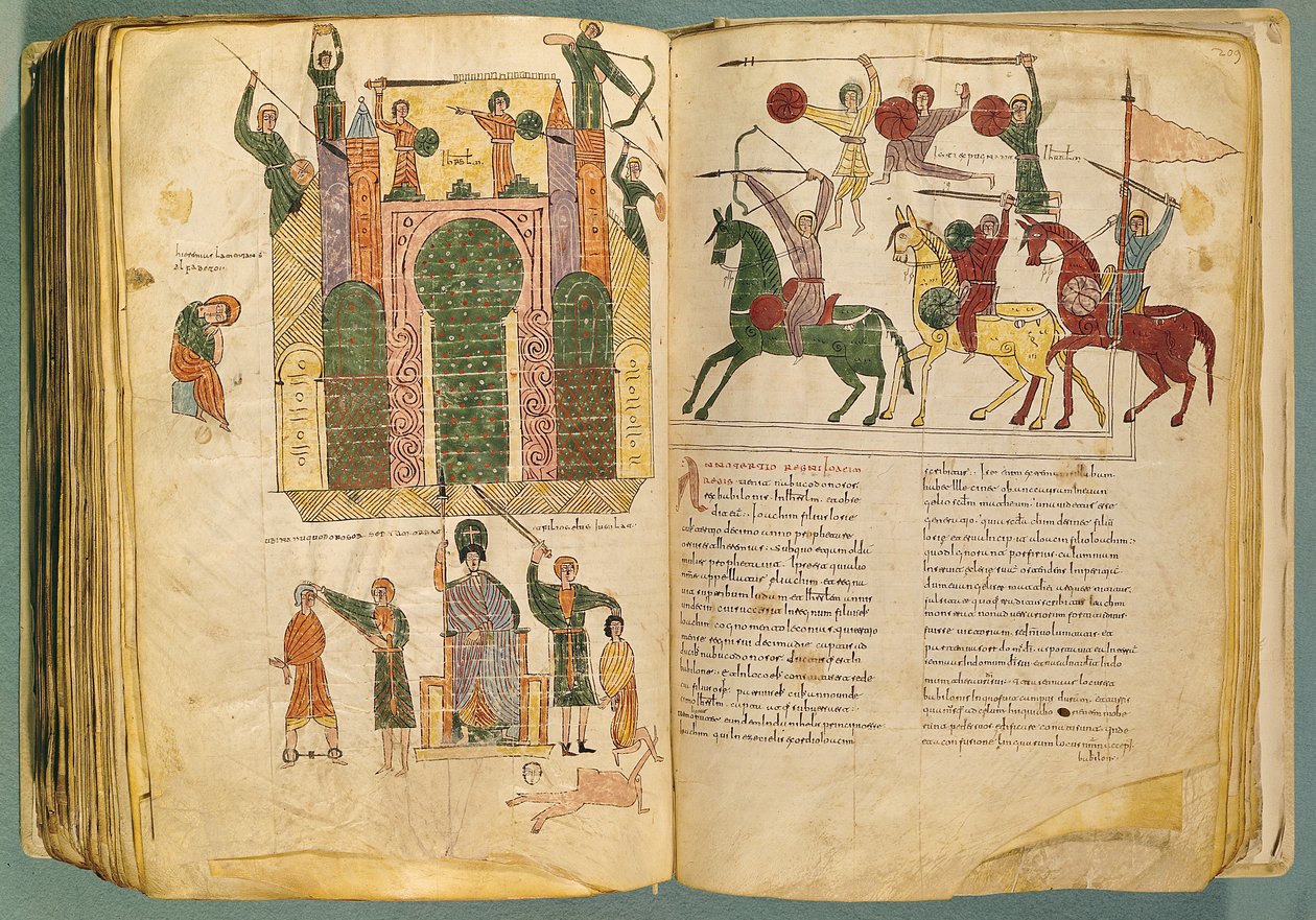 Fol.208 i 209v Atak i zdobycie Jerozolimy przez Nabuchodonozora, kopia oryginału napisanego przez mnicha Beatusa z Liebany ok. 776, z Komentarza do Apokalipsy, (X wiek) autorstwa Spanish School
