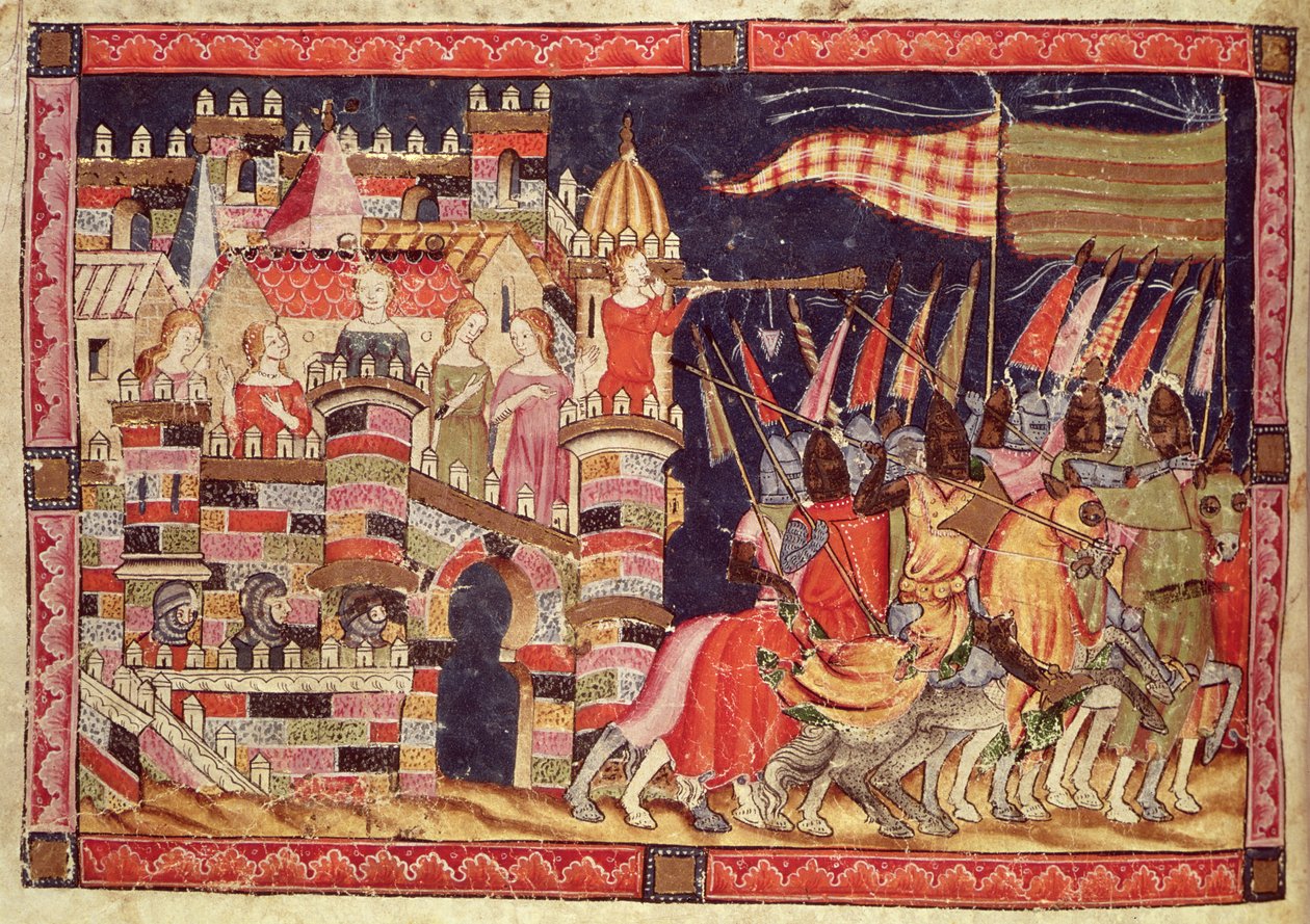 Fol.86v Trojanie wyjeżdżające do bitwy, z Kodeksu Benito Santa Mora autorstwa Spanish School