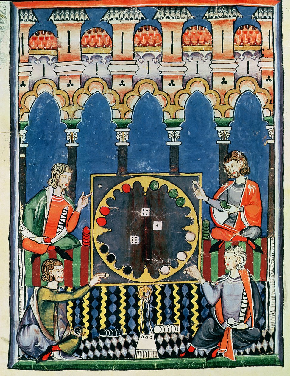 Fol.89v Czterech arabskich graczy w tryktraka, z Księgi gier, szachów, kości i plansz, 1282 autorstwa Spanish School
