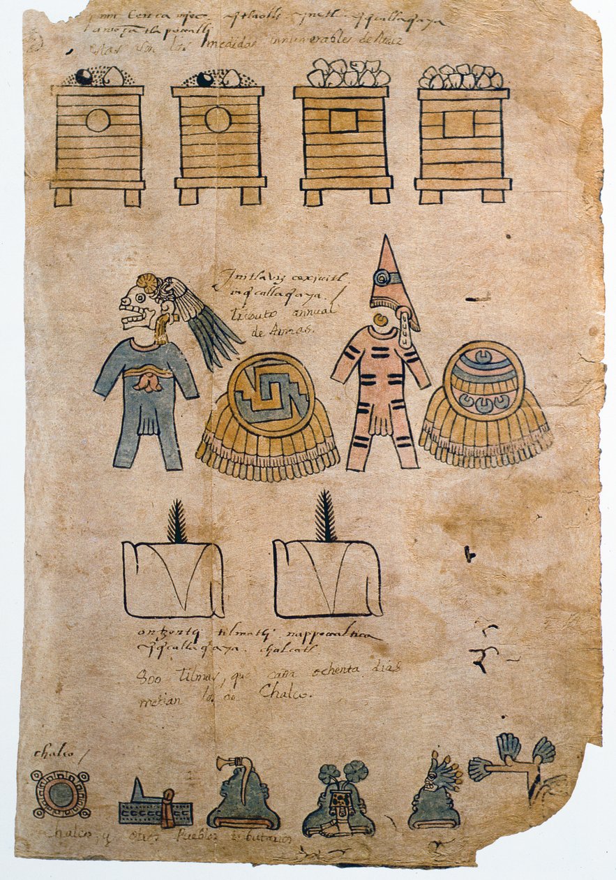 Folio 45 Strona z Kodeksu Mendoza z ilustracjami hołdu składanego imperium Azteków przez podbite ludy, ok. 1541–42 autorstwa Spanish School