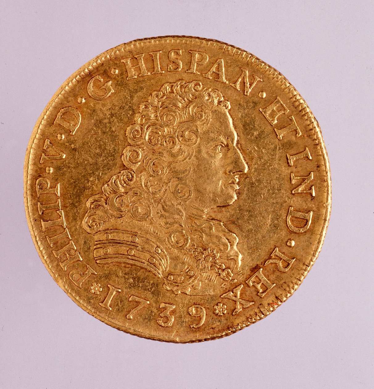 Złota moneta (8 ecu) z Hiszpanii: panowanie Filipa (Filippo lub Filipa) V (1700-1746). 1739 śr. 3,6 cm Neapol, muzeum archeologiczne autorstwa Spanish School