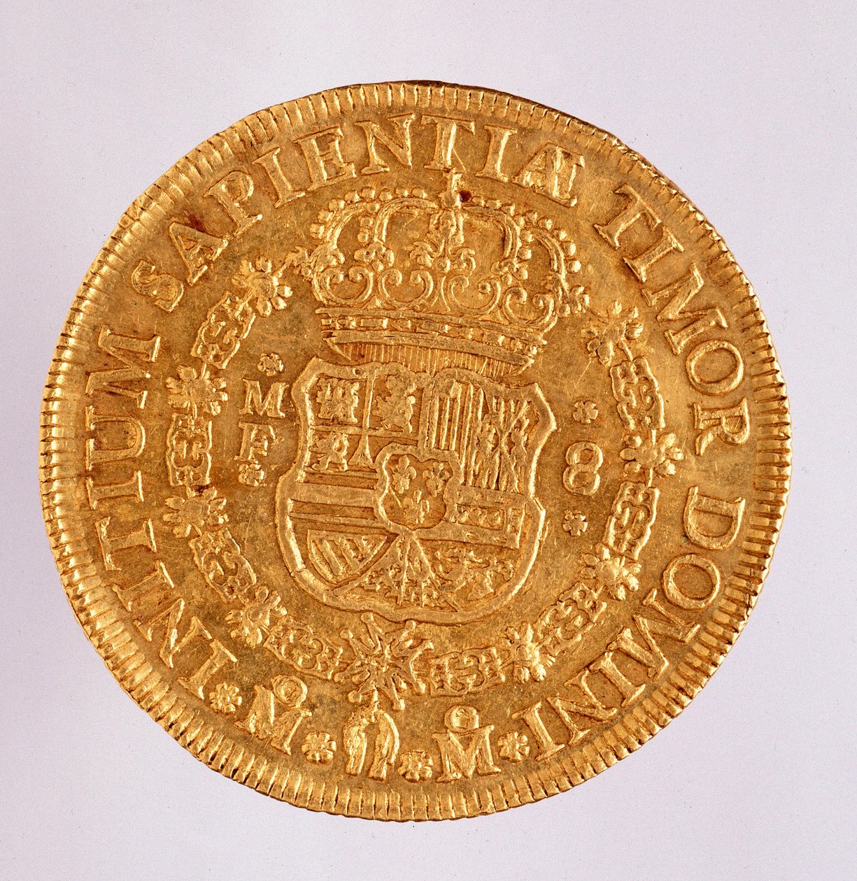 Złota moneta (8 ecu) z Hiszpanii: panowanie Filipa (Filippo lub Filipa) V (1700-1746). 1739 śr. 3,6 cm Neapol, muzeum archeologiczne autorstwa Spanish School