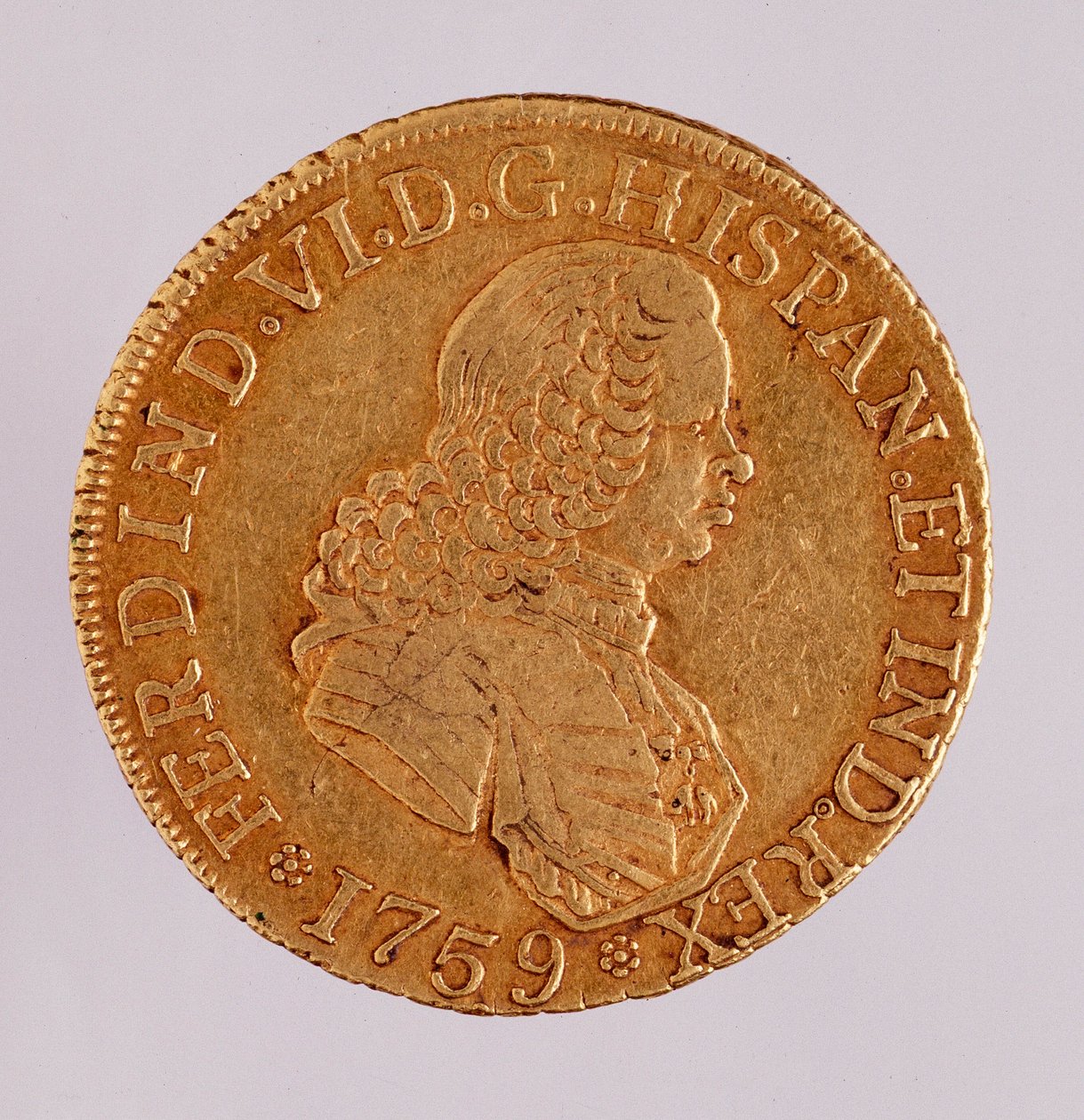 Złota moneta (8 ecu) z Hiszpanii: Panowanie Ferdynanda VI (1746-1759). 1759 Średnica. 3,5 cm Neapol, muzeum archeologiczne autorstwa Spanish School