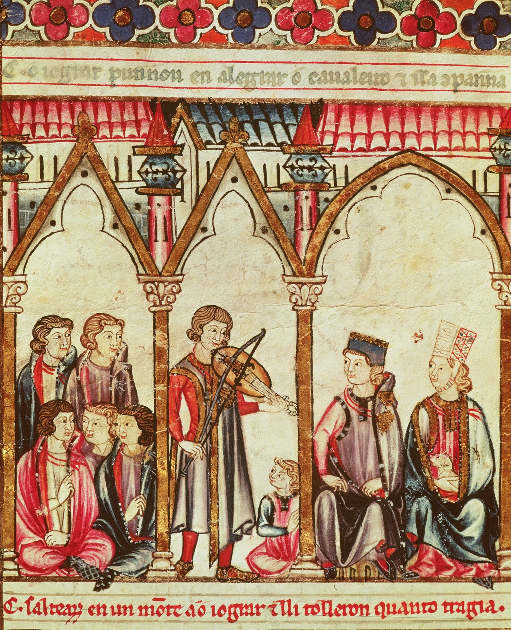 Grupa trubadurów, ilustracja z Cantigas de Santa Maria, wykonana pod kierunkiem Alfonsa X (Mądrego) króla Kastylii i Leona (1221-84) (patrz także 56625) autorstwa Spanish School