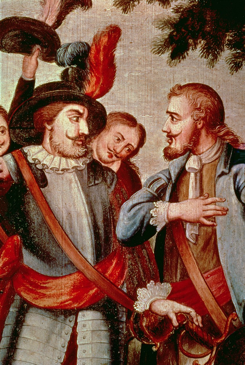 Hernando Cortes (1485-1547) i Diego di Velasquez (1465-1524) (olej na płótnie) (detal) (patrz 113574) autorstwa Spanish School