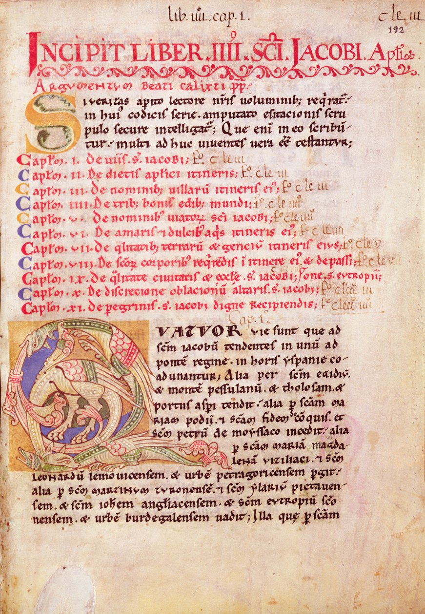 Historyczny inicjał „Q” przedstawiający trzy smoki, pierwsza strona Przewodnika Pielgrzyma św. Jakuba z Composteli, z „Codex Calixtinus” autorstwa Spanish School