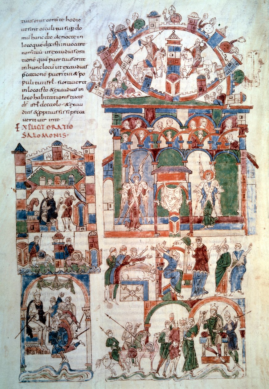 Historia Salomona: „”Król Salomon odbierający daninę”” Strona (fot. 129 v;) zaczerpnięta z „”Biblia Rody”” (man. łac. 6) wykonana w Hiszpanii w XI wieku. Paryż, B.N. autorstwa Spanish School