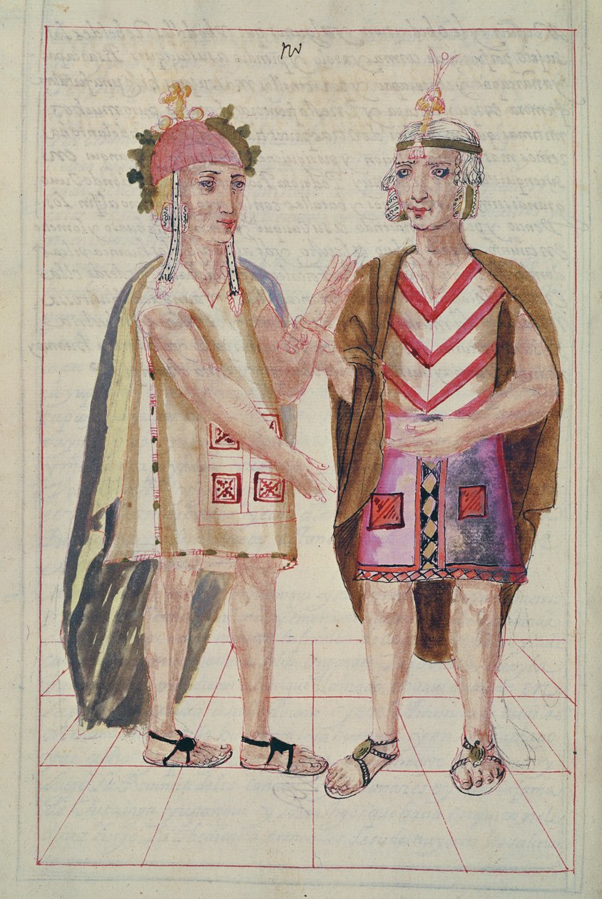 Ilustracja z Historii i genealogii królewskiej królów Inków z Peru, przedstawiająca ich fakty, zwyczaje, stroje i sposób rządzenia, znana jako Kodeks Murua autorstwa Spanish School