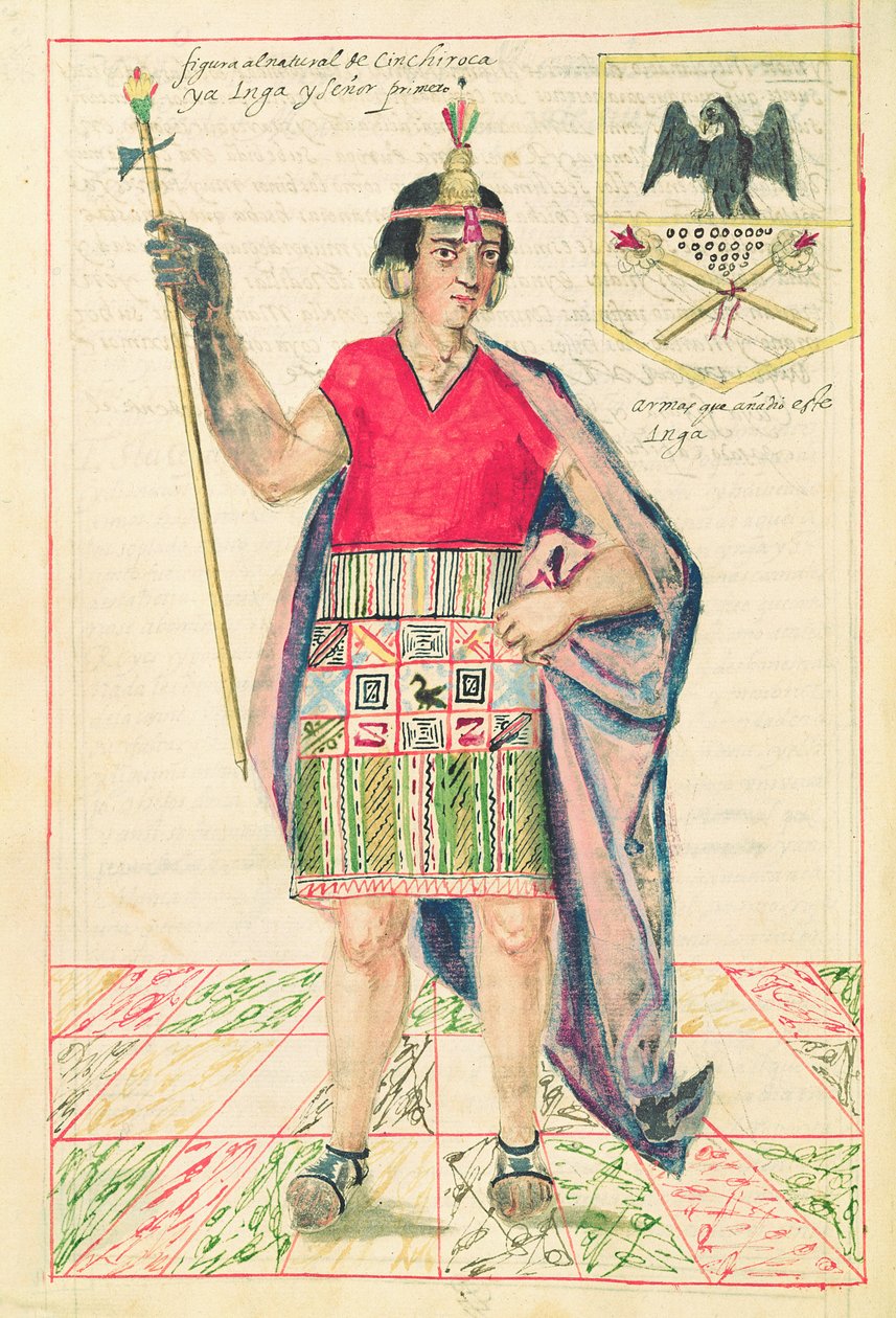 Ilustracja przedstawiająca Cincherokę z „Historii i królewskiej genealogii królów Inków w Peru, ich czynów, zwyczajów, strojów i sposobu rządzenia”, znana jako Kodeks Murua autorstwa Spanish School