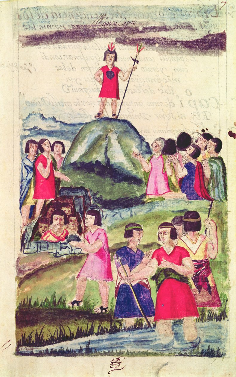 Ilustracja przedstawiająca Manco Capaca z „Historii i królewskiej genealogii królów Inków w Peru, ich czynów, zwyczajów, strojów i sposobu rządzenia”, znana jako Kodeks Murua autorstwa Spanish School