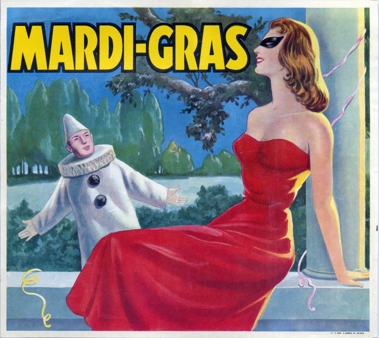 Ilustracja przedstawiająca imprezę Mardi-Gras (Mardi Gras) z Pierrotem i zamaskowaną kobietą. Reklama, Walencja, XX wiek. autorstwa Spanish School