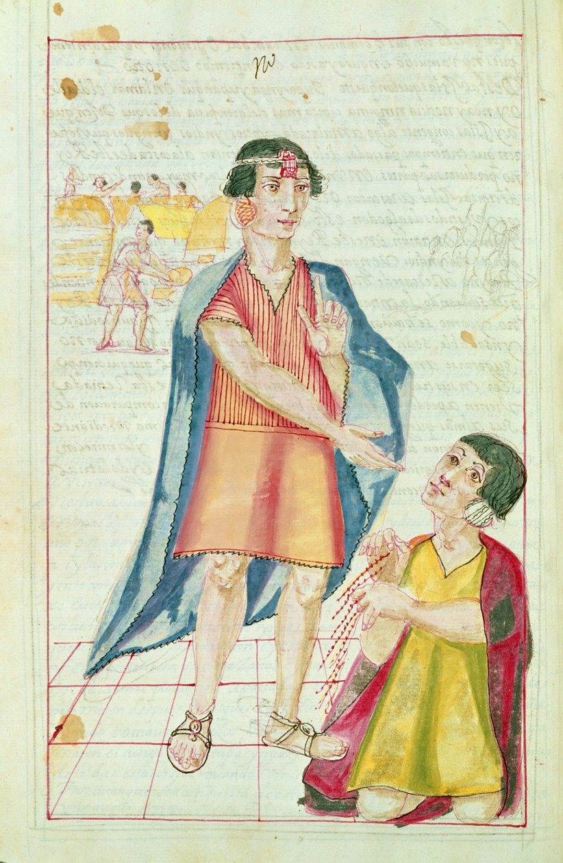 Ilustracja Quipu, z "Historia y Genealogia Real de los Reyes Incas del Peru, de sus hechos, costumbres, trajes y manera de Gobierno", znana jako Codice Murua autorstwa Spanish School